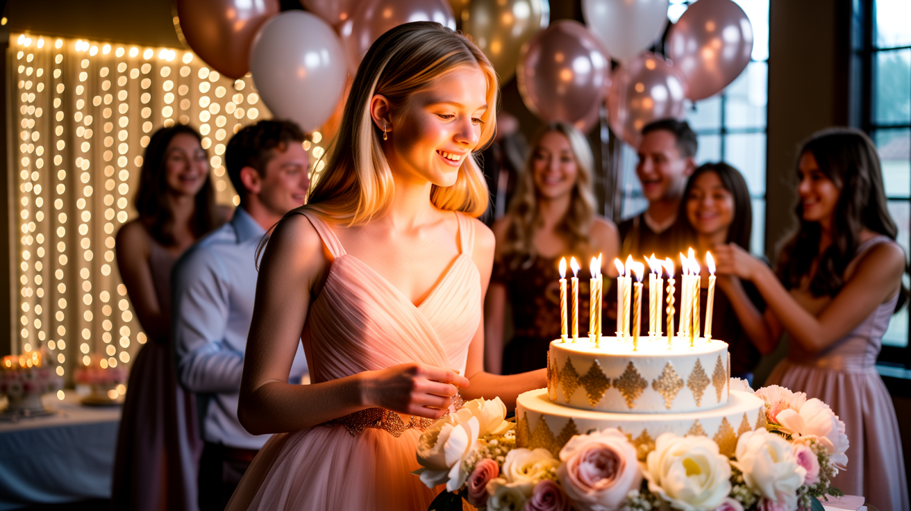 Sweet 16 birthday girl in blush pink dress smiling beside glowing birthday cake with sixteen candles, fairy lights and balloon arch celebration